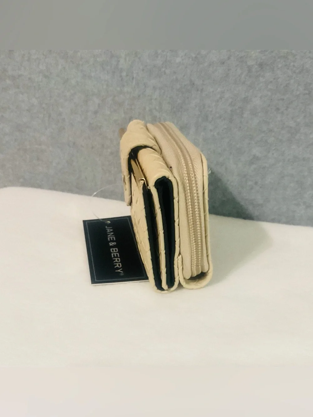Jane & Barry Quilted Beige Compact Wallet with Gold Accent